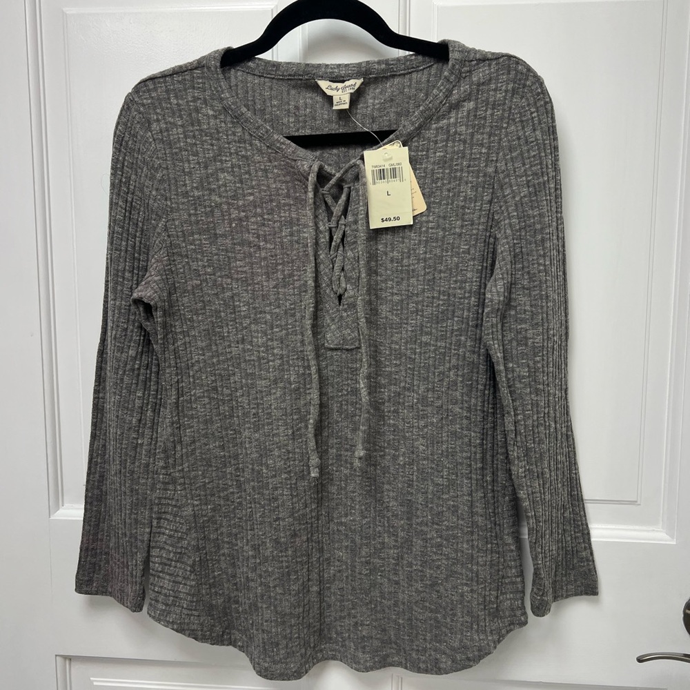 Lucky Brand Gray Lace-Up Ribbed Long Sleeve Top